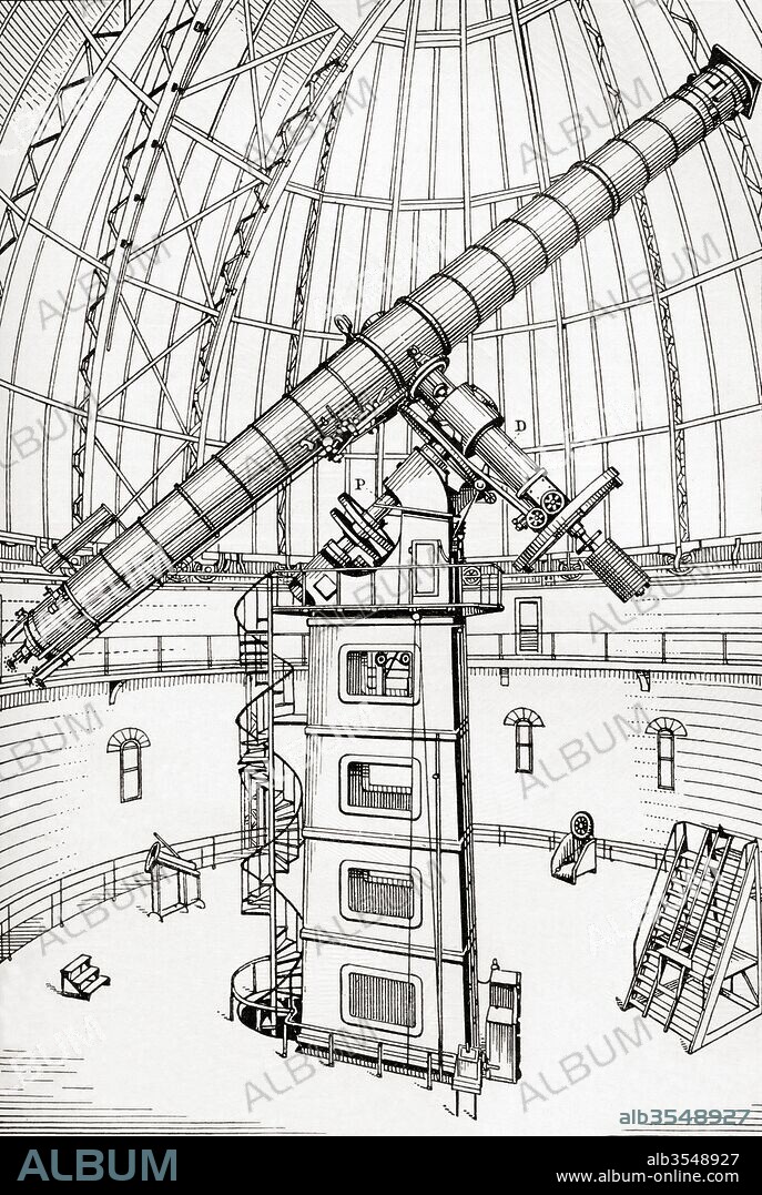 The 100 cm (40 in) refracting telescope in the Yerkes Observatory, Williams Bay, Wisconsin, United States of America. From Meyers Lexicon, published 1924.