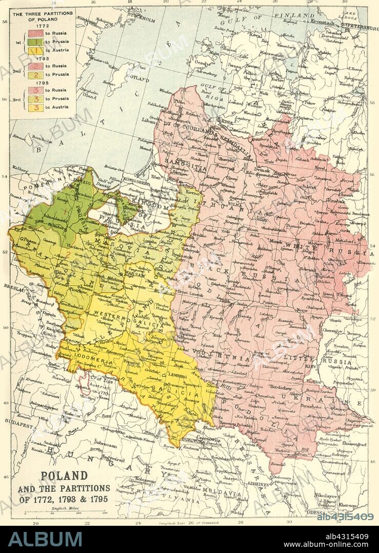 JOHN BARTHOLOMEW & SON. 'Poland and the Partitions of 1772, 1793 & 1795', (c1920). Map showing how territory in Europe was divided between the empires of Russia, Prussia and Austria in the 18th century. From "The Great World War - A History" Volume IV, edited by Frank A Mumby. [The Gresham Publishing Company Ltd, London, c1920].