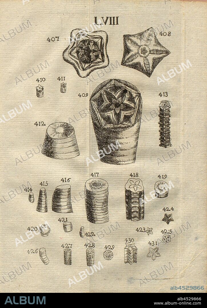 Vertebrae and fossilized plant stems, Classe IV, Pl. LVIII, Fig. 407: Premiere vertébre d 'une des cinq plus large branches de l' Etoile de mer, Appellée Arbreuse, & other Tête de Möduse, Caput Medusae, Fig. 408: Part inférieure de la même vertébre, Fig. 409, : Vertébre d'une autre espèce de Tête de Méduse, avec une suite de sept plus petites vertébres simple, appellées Entroques, figs. 410 & 411: Deux petites colomnes d'Asteriae, c'est-à-dire, d'assemblage de, Petits vertébres d'une sector de la Tête de Méduse, Fig. 412: Colomne de gros Entroques vertébres d'une autre variety de Tête de Méduse, Fig. 413: Vertébres d'une autre espèce de Tête de Méduse, Fig. 414-416, Alvéoles du Bélemnite, qué ressemble à l'Entroque, fig. 417-431: Miscellaneous Entroques & parties d'Entroques, & d'asteries de différentes Tête de Méduse;, pl. LVIII, to p. 312, 1778, Louis Bourget: Traité des pétrifications. Paris: Jombert, 1778.