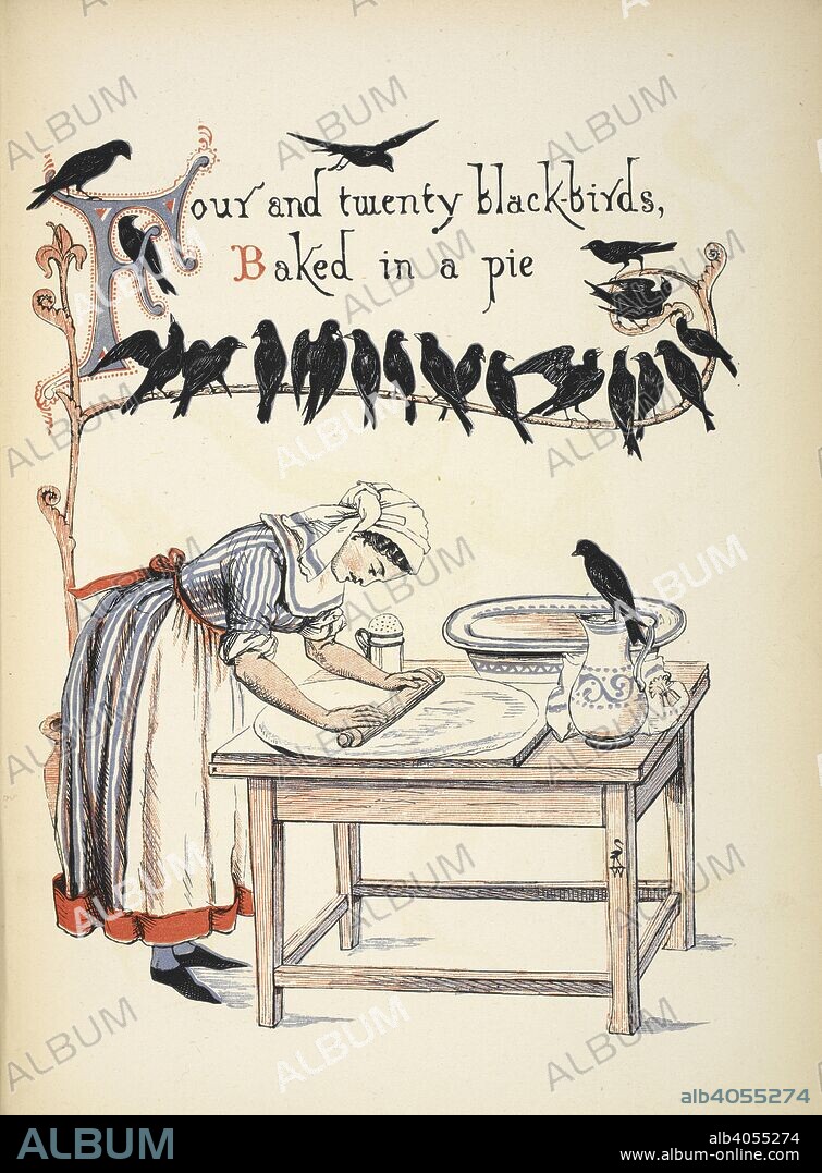 WALTER CRANE. Four and twenty blackbirds baked in a pie. The nursery rhyme picture book ... London : George Routledge and Sons, [1883]. Source: 12810.d.57 page 2.