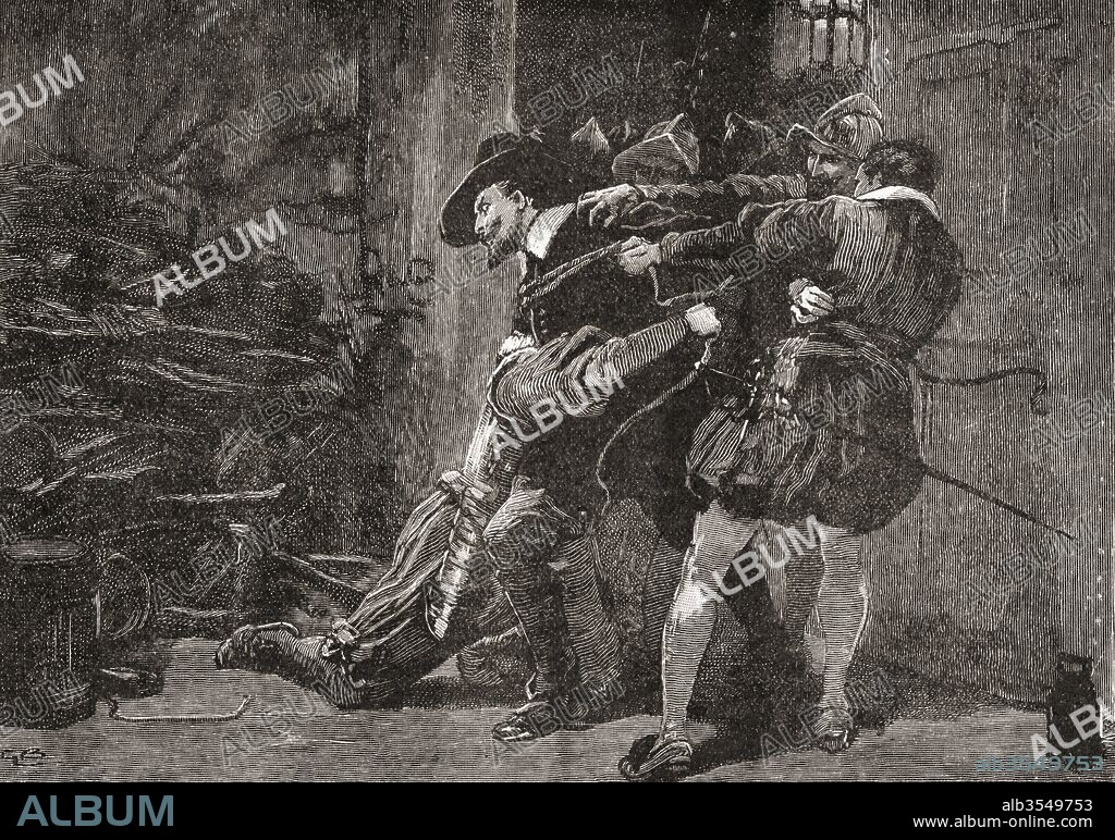 The arrest of Guy Fawkes. Guy Fawkes, 1570 – 1606, aka Guido Fawkes, member of a group of provincial English Catholics who took part in The Gunpowder Plot of 1605, aka Gunpowder Treason Plot or the Jesuit Treason, a failed assassination attempt against King James I of England and VI of Scotland. The plot was to blow up the House of Lords during the State Opening of England's Parliament on 5 November 1605. From The Century Edition of Cassell's History of England, published 1901.