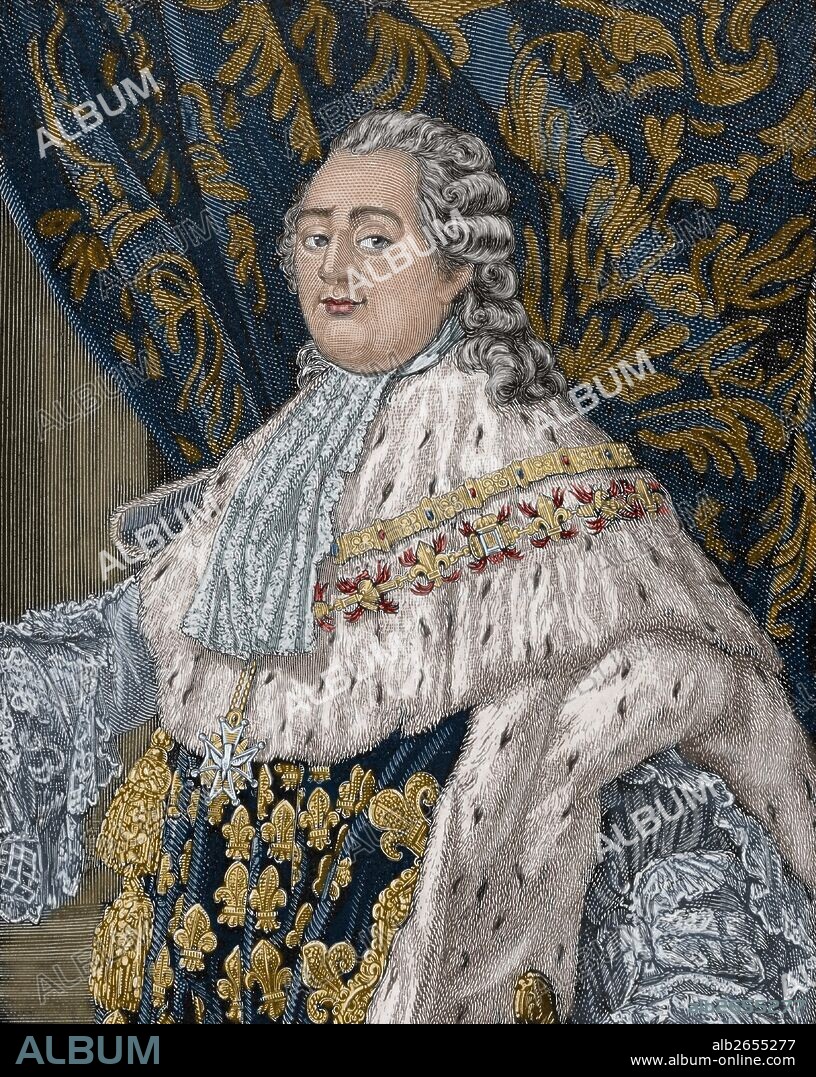 LUIS XVI (Versalles,1754-París,1793). Rey de Francia (1774-1792) y duque de Berry, nieto de Luis XV. En 1770 contrajo matrimonio con María Antonieta, hija del emperador de Austria. Luis XVI se opuso al Tercer Estado e intentó frenar el proceso revolucionario. Grabado coloreado del siglo XIX.