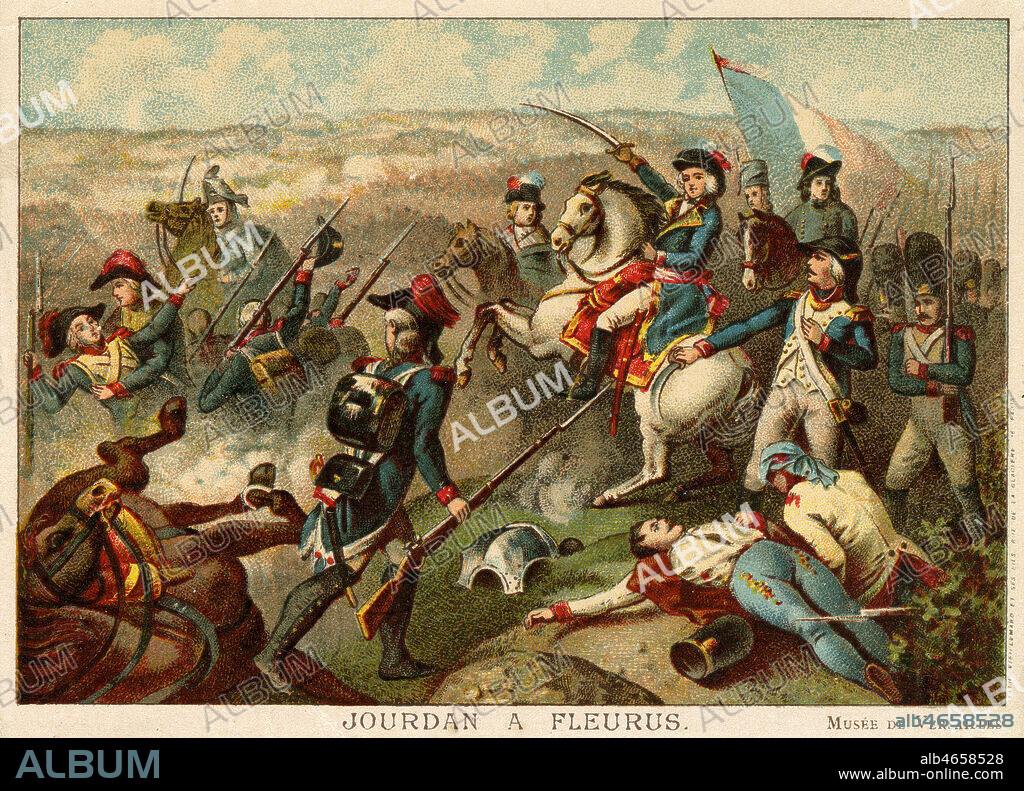 'Jourdan a Fleurus' en 1794, victoire des francais contre les coalises (anglais, autrichiens). Chromo vers 1900, illustration anonyme. Credit : Collection IM/KHARBINE-TAPABOR.