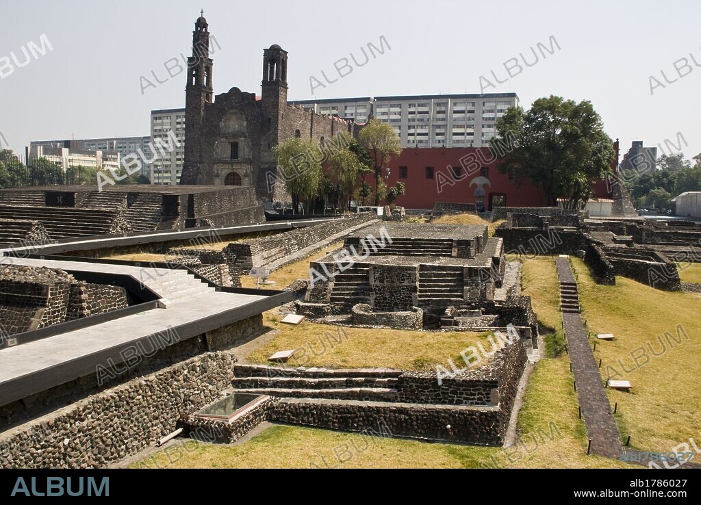 The Church of Santiago(17th century) and the Aztecs Ruins of Templo Mayor in Tlatelolco.Mexico City.