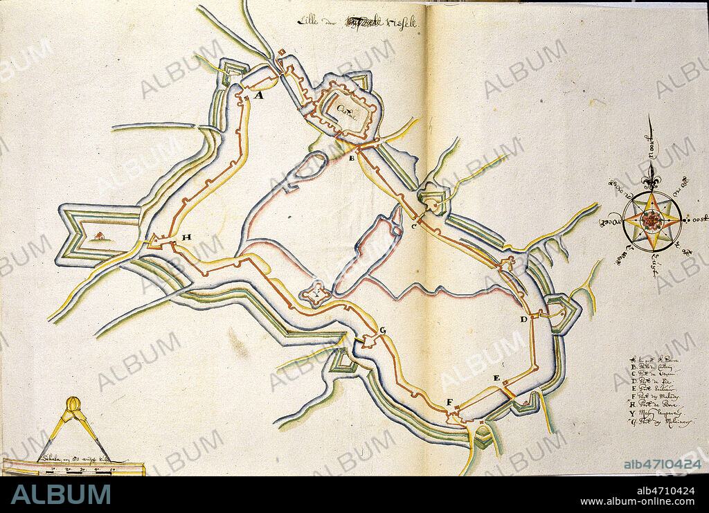 Fortifications de Lille (projet ?). Plan tire d'un recueil de diverses places fortes datant du 17eme s. (17e, XVIIe s.). Credit : Collection JEAN VIGNE / KHARBINE-TAPABOR.