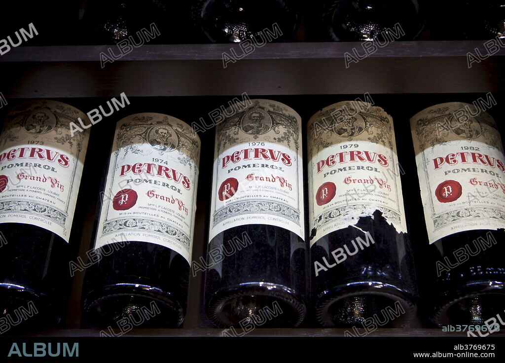 Chateau Petrus fine wine vintage 1973, 1974, 1976, 1979, 1982 on sale in St Emilion, Bordeaux, France.
