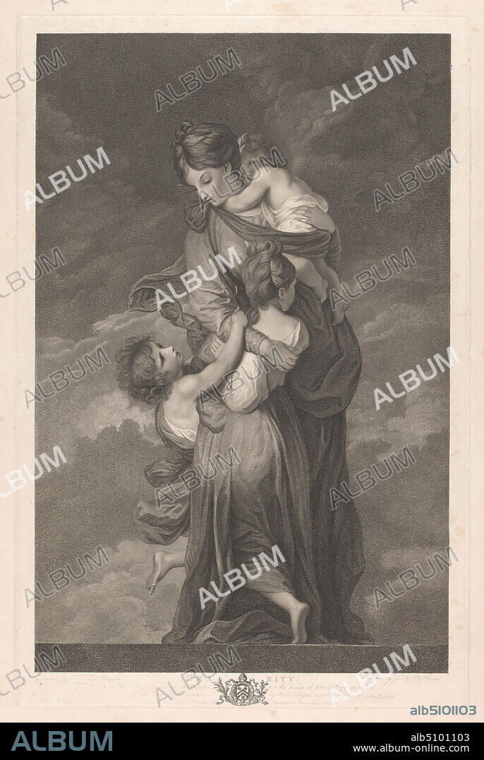 West Window of the Chapel, New College Oxford: The Virtues - Charity, George Siegmund Facius, 17501804, after Sir Joshua Reynolds RA, 17231792, British, 1781, Stipple engraving on moderately thick, moderately textured, cream, laid paper, Sheet: 25 1/16 × 18 1/8 inches (63.7 × 46 cm), Plate: 19 13/16 × 12 7/8 inches (50.3 × 32.7 cm), and Image: 18 5/16 × 11 7/8 inches (46.5 × 30.2 cm), allegory, charity, children, holding, religious and mythological subject, the Three Theological Virtues, woman.