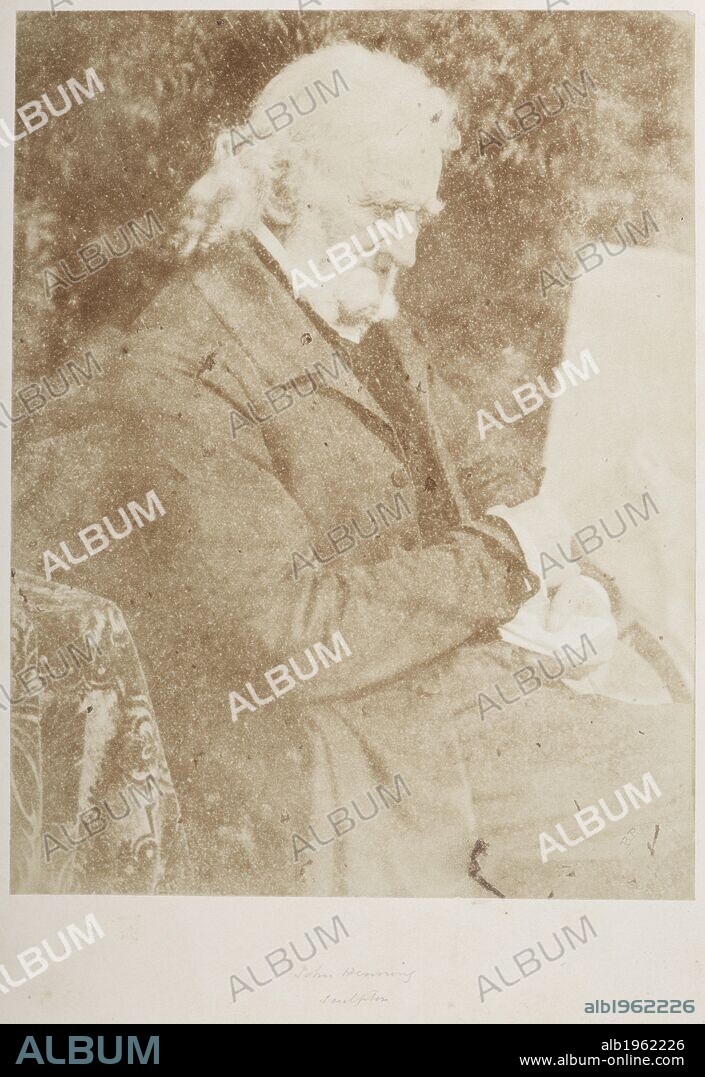 Half-length seated portrait, in right profile, of the sculptor John Henning (1771-1851). One Hundred Calotype Sketches by D. O. Hill, R.S.A. and R. Adamson. Edinburgh. A portrait from a volume of calotype images and portraits. Early photographic technique also called Talbotype. Dating from 1849. David Octavius Hill and Robert Adamson. Source: C.128.k.10 27.