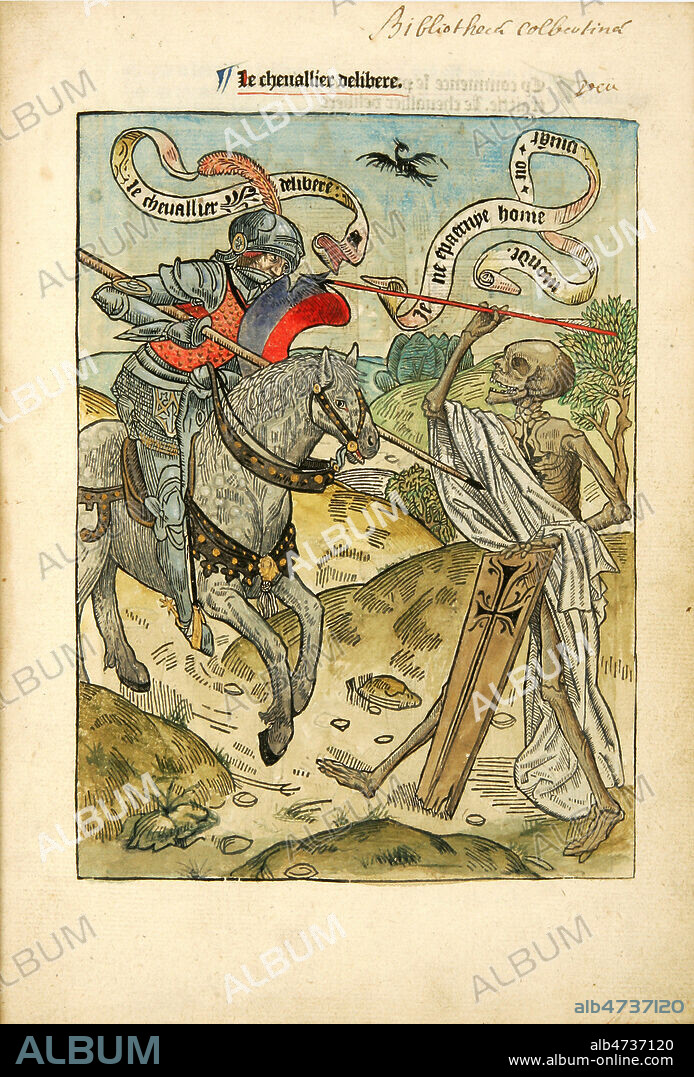 Le Heros face a la mort, frontispice. Le Chevalier Delibere, poeme a la gloire de la cour de Bourgogne ecrit par Olivier de la MARCHE (1425-1502) diplomate, poete et chroniqueur de la cour de Bourgogne sous Charles le Temeraire, puis page de Philippe le Bon, redaction achevee en 1483. Un des ouvrages illustrés les plus importants de l'epoque. Ouvrage imprime vers 1489 a Gouda, bois colorie selon les instructions de l'auteur. Incunable 15eme siecle. C'est un des ouvrages que Charles Quint emporte avec lui en 1557 au monastere de Yuste, considéré comme son livre de chevet Credit MIGNY/KHARBINE TAPABOR.