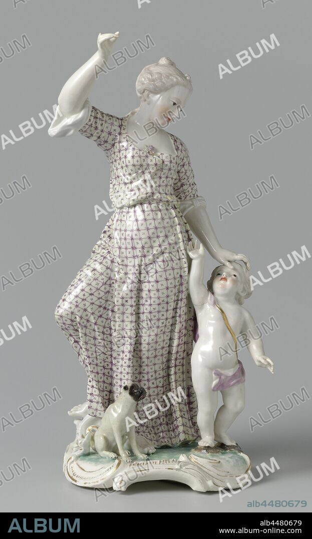 Figure of Venus and Amor, Porcelain statue painted on enamel and gold enamel. The image represents Venus and Amor. A seated dog for Venus. The pedestal is decorated with seed beads. Marked on the bottom with the lion., Porzellanmanufaktur Frankenthal, Frankenthal, c. 1755 - c. 1760, porcelain (material), glaze, gold (metal), vitrification, h 30.5 cm × w 15.4 cm × d 13.7 cm.