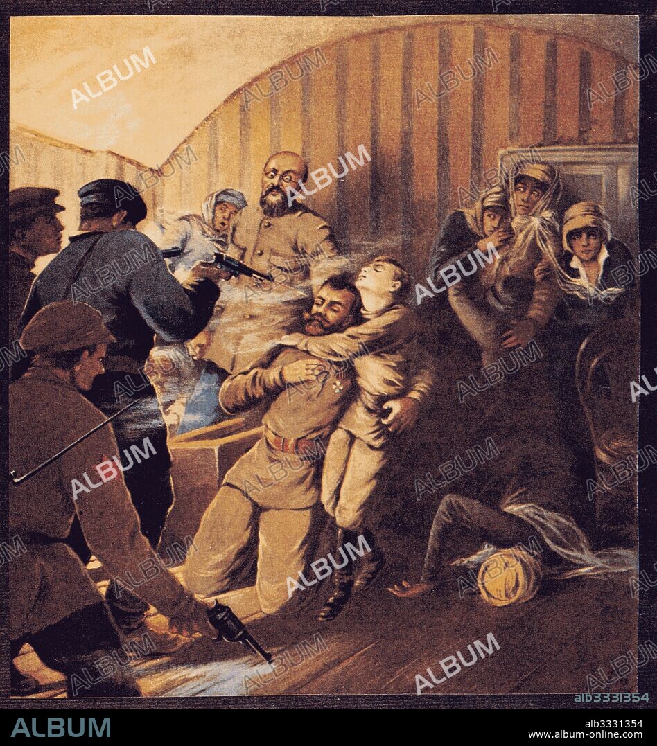 S. SARMAT. Execution of Tsar Nicholas II and his Family at Yekaterinburg, 17th July 1918. (From Histoire des Soviets by M. Henri de Weindel.