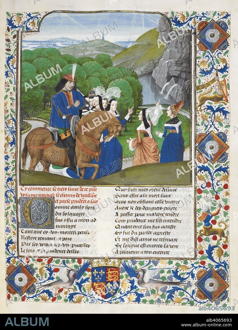 Miniature of the author, Jean de Courcy, accompanied by Virtues leaving the Forest of Temptation. A full border containing the arms of Edward IV and three lozenges with a white rose of the York family, and the Yorkist badge 'Dieu et mon droit', at the beginning of book 3. Le chemin de Vaillance, and other texts. Netherlands, S. (Bruges); last quarter of the 15th century, before 1483. Source: Royal 14 E. II, f.194. Language: French.