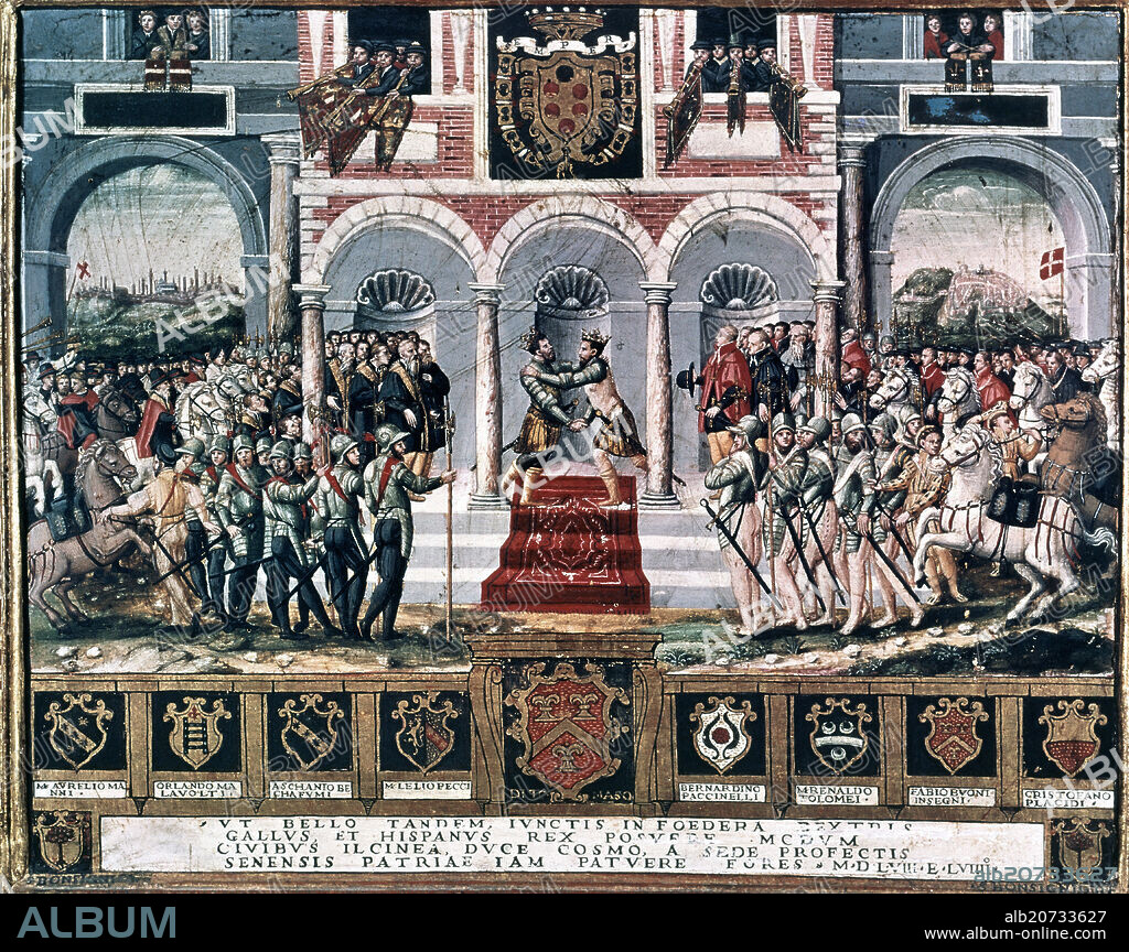 LOS REYES DE FRANCIA Y ESPAÑA ENRIQUE II Y FELIPE II ABRAZANDOSE EN UNA ALEGORIA DE LA PAZ DE CATEAU-CAMBRESIS (3/4/1559) - TABLILLA DE BICCHERNA.