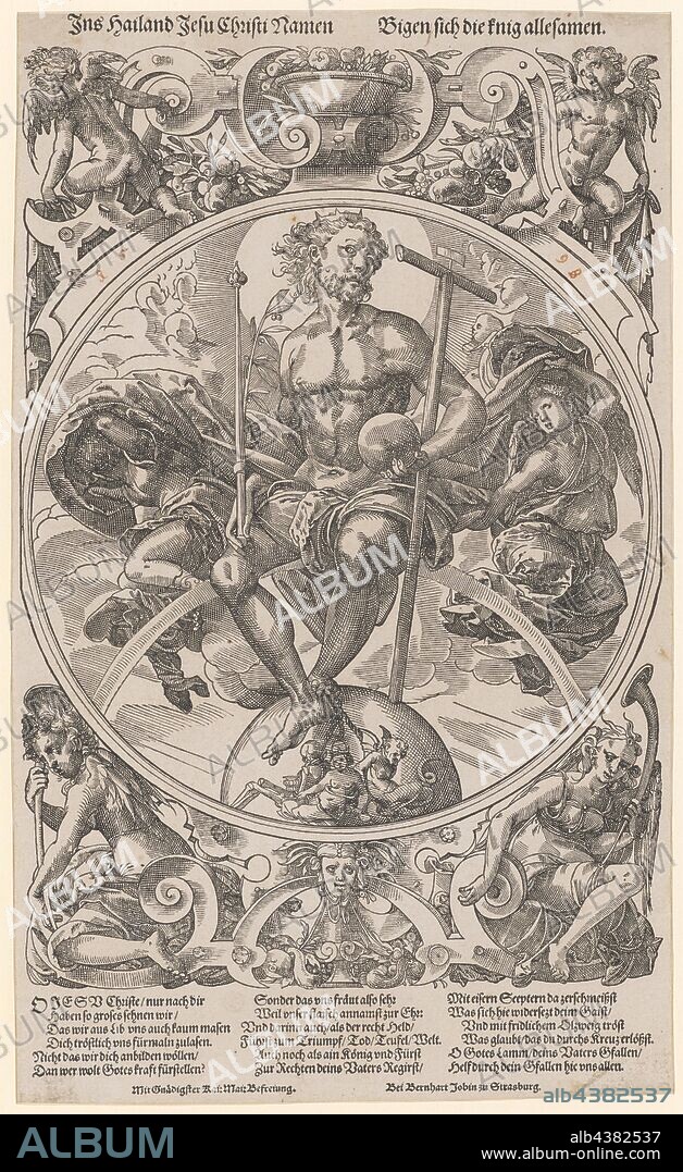 Christ as Judge of the World, c. 1580, woodcut, picture: 31.6 x 21.5 cm |, Leaf: 36.6 x 22.1 cm, O. l., inscribed: In Hailand Jesus Christ's name, o. r .: Do the little ones take their names ., under the picture: O Jesus Christ, only after you, we have so much to crave, that we scarcely masen from lid vns, lend to you comforting vns., Not that we make you wave, Dan who wolt Gotes force?, Special, therefore, the vns is very fervent, because our Flaisch takes the name of Ehr:, And darinn also, as the right hero, leading to triumph, death, devil, world., Even as a king and prince, At the right hand of your father's regirst, Thrown with iron treats there, Which here oppresses the gaist, Comforting with a sweet olive twig, That which you believe redeem through the cross., O God's Lamb, your father's fall;, Help by your falling in with all of us ., u, ., l .: With Gnaedigster Kai: Maie Liberation.;, u., r .: With Bernhart Jobin to Strasburg., Tobias Stimmer, Schaffhausen 1539–1584 Strassburg, Bernhard Jobin, Verleger, vor 1545 - 1593.