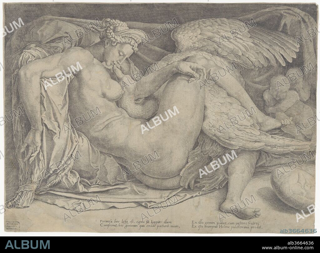 Leda and the Swan. Artist: After Michelangelo Buonarroti (Italian, Caprese 1475-1564 Rome); Cornelis Bos (Netherlandish, Hertogenbosch ca. 1510?-before 1566 Groningen). Dimensions: sheet: 11 7/8 x 16 1/4 in. (30.2 x 41.3 cm). Date: 1544-66.