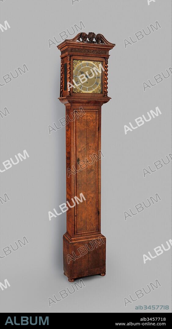Longcase clock with calendar, Clockmaker: Joseph Knibb (British, 1640–1711), ca. 1680–85, British, London, Case: walnut and oak veneered with walnut; Dial: gilded and silvered brass; Movement: brass and steel, Overall: 78 1/4 × 16 3/8 × 9 1/4 in. (198.8 × 41.6 × 23.5 cm), Horology, Clockmaker: Joseph Knibb (British, 1640–1711), Joseph Knibb was an outstanding clockmaker in London in the generation that included such illustrious names as Fromanteel and Thomas Tompion. The familiar longcase, or grandfather, clock exemplified here was developed in England in the latter part of the seventeenth century in response to improvements in the technology of the pendulum.