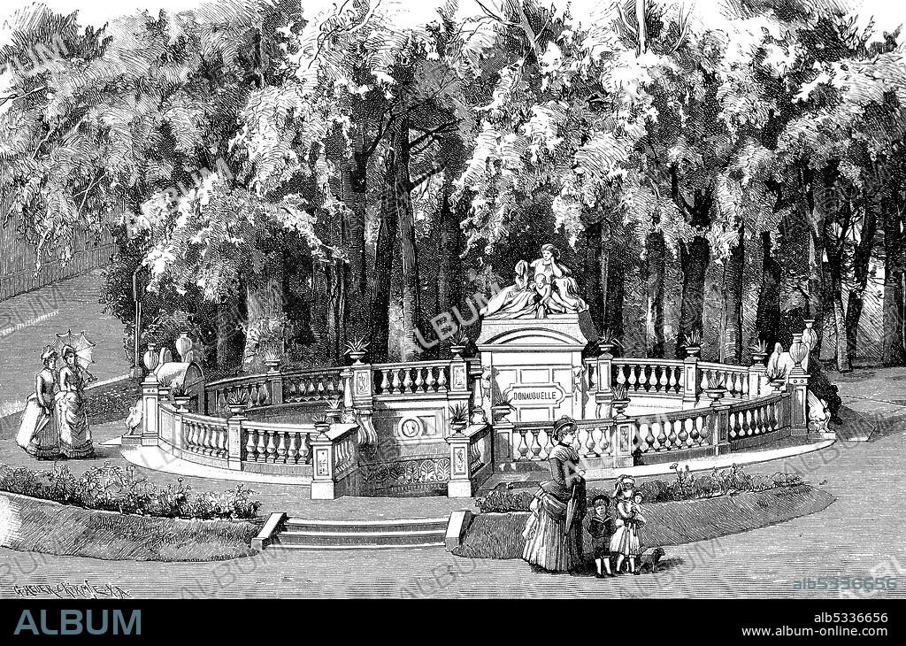 The spring of the river Danube, in Donaueschingen, Germany, ,in 1887  /  Die Quelle der Donau, in Donaueschingen, Deutschland, im Jahre 1887, Historisch, historical, digital improved reproduction of an original from the 19th century / digitale Reproduktion einer Originalvorlage aus dem 19. Jahrhunder.