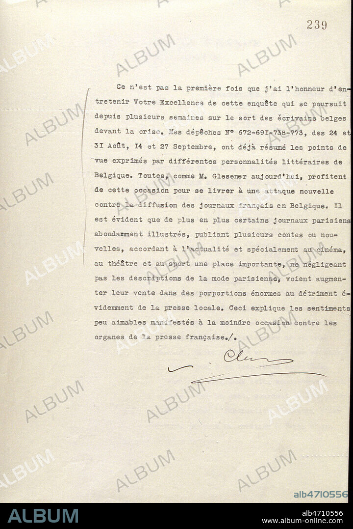 'Les ecrivains belges et la crise. Une nouvelle attaque contre la presse francaise'. Missive de 1933 (page 3/3) redigee par Paul CLAUDEL (1868-1955) alors qu'il etait ambassadeur de France a Bruxelle. Document conserve aux archives des Affaires Etrangeres. Credit : Collection JEAN VIGNE / KHARBINE-TAPABOR.
