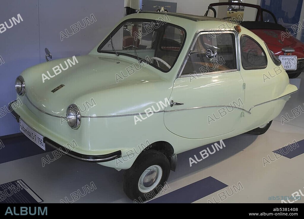 Fuldamobil S7, built in 1961 by Elektromaschinenbau GmbH Fulda, timber chassis with aluminum plate, ErfinderZeiten: Auto- und Uhrenmuseum, Time of Innovators: Museum of Cars and Clocks, Schramberg, Black Forest, Baden Wuerttemberg, Germany, Europe.