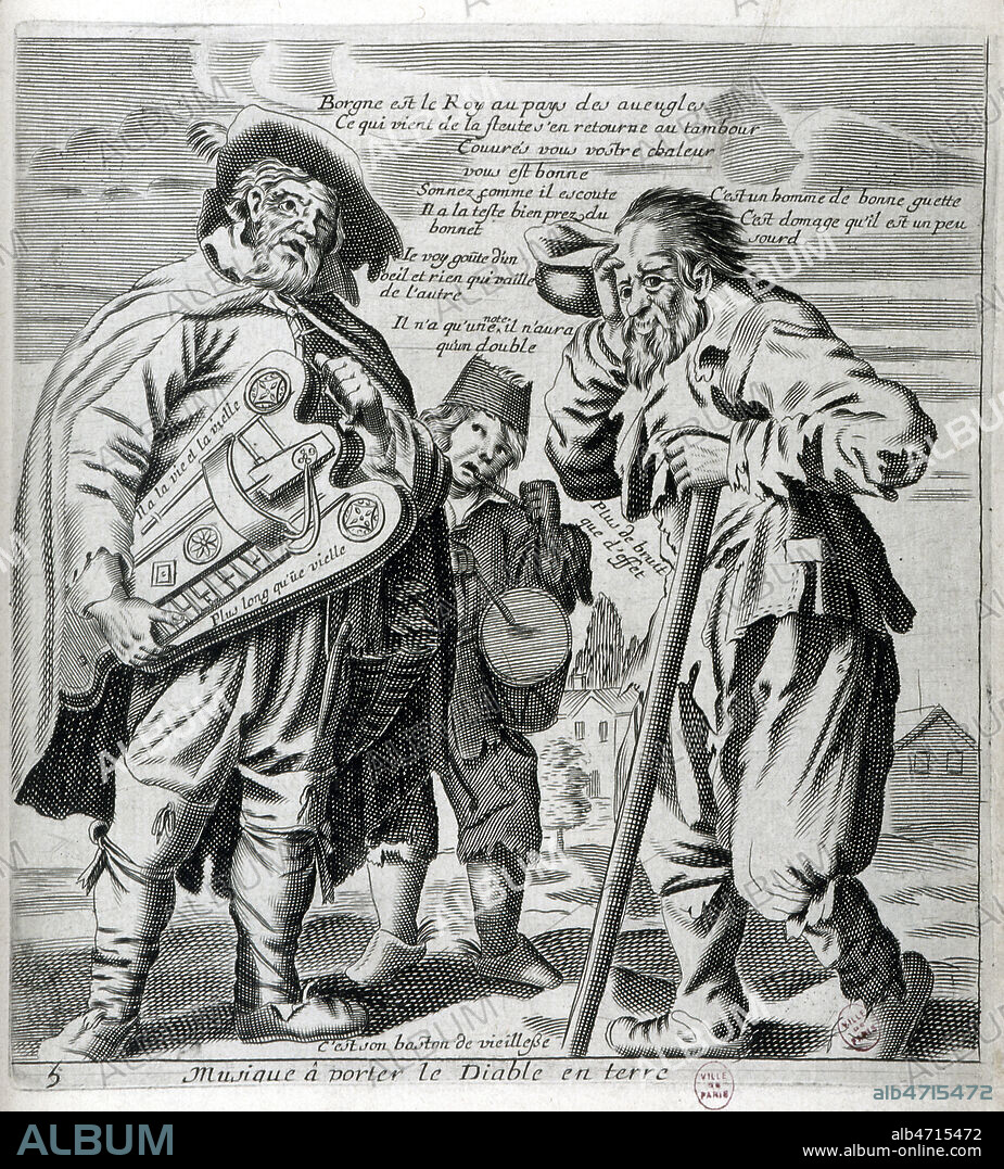 Le borgne est roi au pays des aveugles, Il a la tete pres du bonnet, Musique a porter le diable en terre. Estampe pour Les Proverbes de Jacques LAGNIET (1620-1672) , 1637-1663. Credit Collection Grob/Kharbine Tapabor.