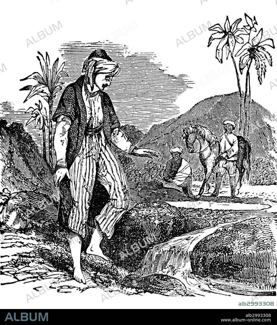 JAMES BRUCE (1730-1794).Scottish explorer. Bruce discovering the source of the Nile River in Africa. Wood engraving, English, 19th century.