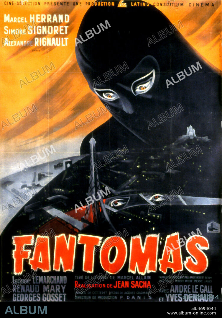 Affiche du film 'Fantomas' realise en 1946 par Jean SACHA (1912-1989) d'apres Marcel ALLAIN (1885-1969) avec Marcel HERRAND (1897-1953) Alexandre RIGNAUD (1901-1986) et Simone SIGNORET (1921-1985). Illustration de S. FOURASTIE. Credit : Coll. Perron/KHARBINE-TAPABOR.