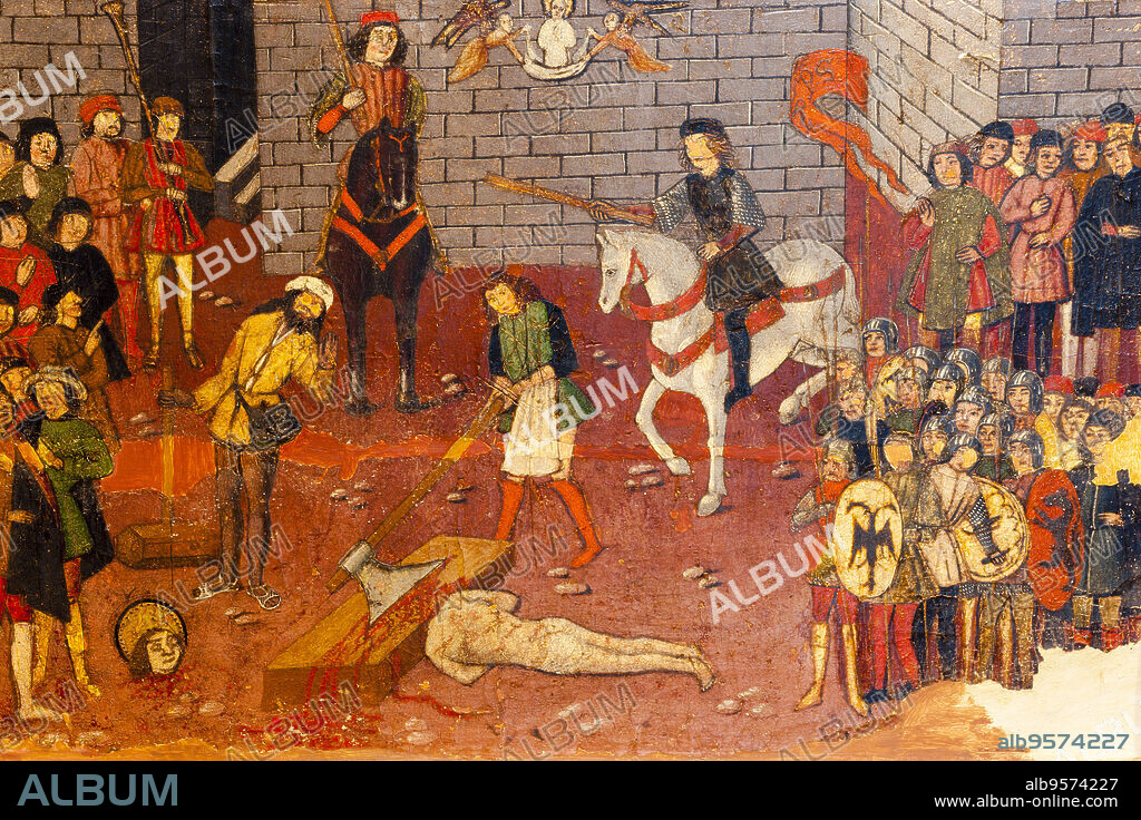 retablo de San Jorge, predela, decapitacion de San jorge , años 1468-1470, Pere Niçard, óleo sobre madera,Palau Episcopal, -Museu Diocesà de Mallorca-, obra medieval iniciada el siglo XIII, mallorca, islas baleares, españa, europa.