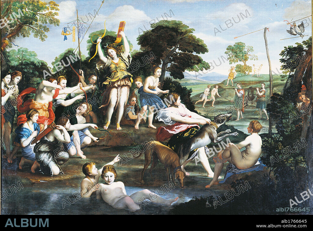 Diana and her Nymphs, by Domenico Zampieri known as il Domenichino, 1616-1617, 17th Century, oil on canvas, cm 225 x 320. Italy, Lazio, Rome, Borghese Gallery. All. Hunting goddess Diana dogs rural landscape contest bow. Authorization required for non editorial use.