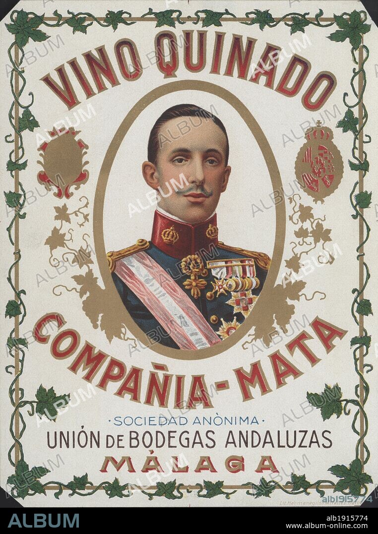 Publicidad. Etiqueta de vino quinado, de la Compañía Mata, S.A., de Málaga. Dibujo de Alfonso XIII. Años 1910.