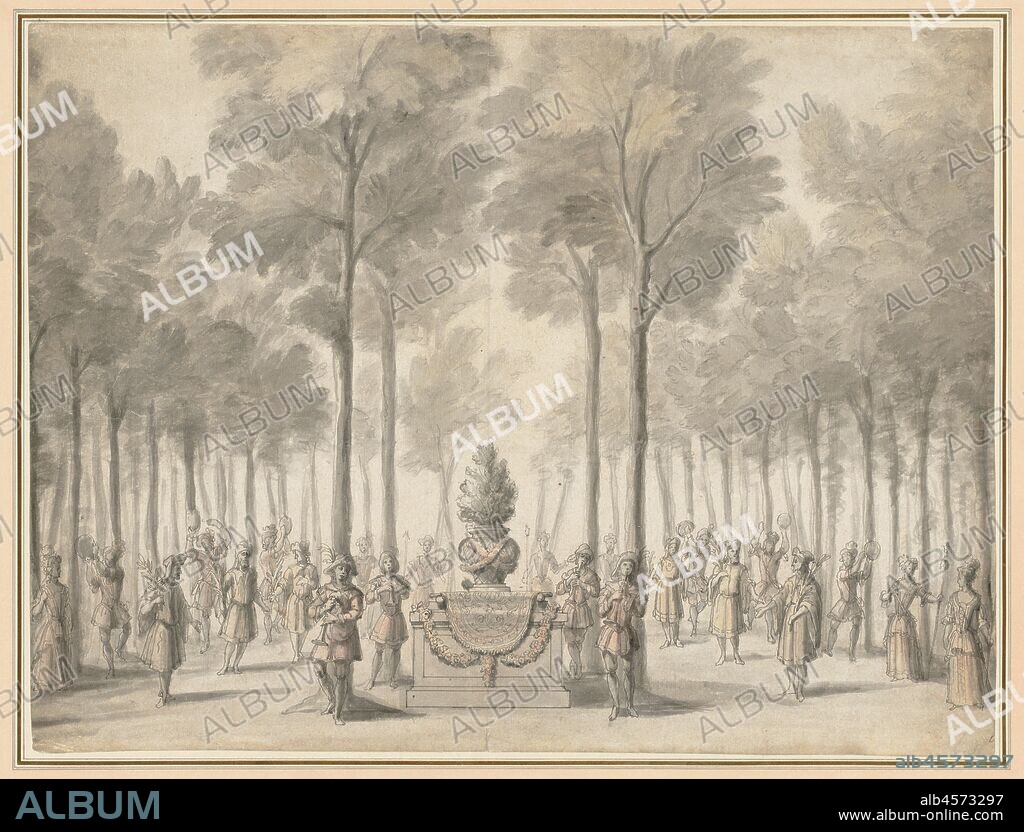 Design for the Divertissement from "La Pastorale" (First Entrée of the opera-ballet "Les Muses" by Danchet and Campra"), 1703. This drawing represents the elaborate stage set for the opera-ballet Les Muses that premiered in 1703 at the Opéra, the most prestigious public theater in Paris. In a city that thrived on spectacle, the opera-ballet was one of the most fashionable forms of entertainment in the 18th century. Berain?s drawing relates to the third scene in the first of four acts, "La Pastorale," in which shepherds and shepherdesses pay homage to deities in a wooded grove. The celebration, accompanied by flutes and a musette (small bagpipe) comprised a lighthearted musical interlude or divertissement, an indispensable component of the opera-ballet.