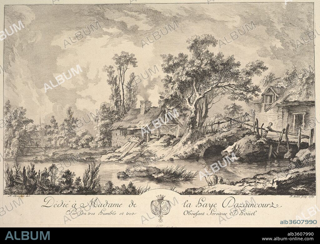 FRANCOIS BOUCHER et JEAN PIERRE LOUIS LAURENT HOÜEL. Landscape. Artist: François Boucher (French, Paris 1703-1770 Paris); Jean Pierre Louis Laurent Hoüel (French, Rouen 1735-1813 Paris). Dimensions: Sheet (trimmed): 10 1/16 × 14 5/16 in. (25.5 × 36.4 cm). Date: 1759.