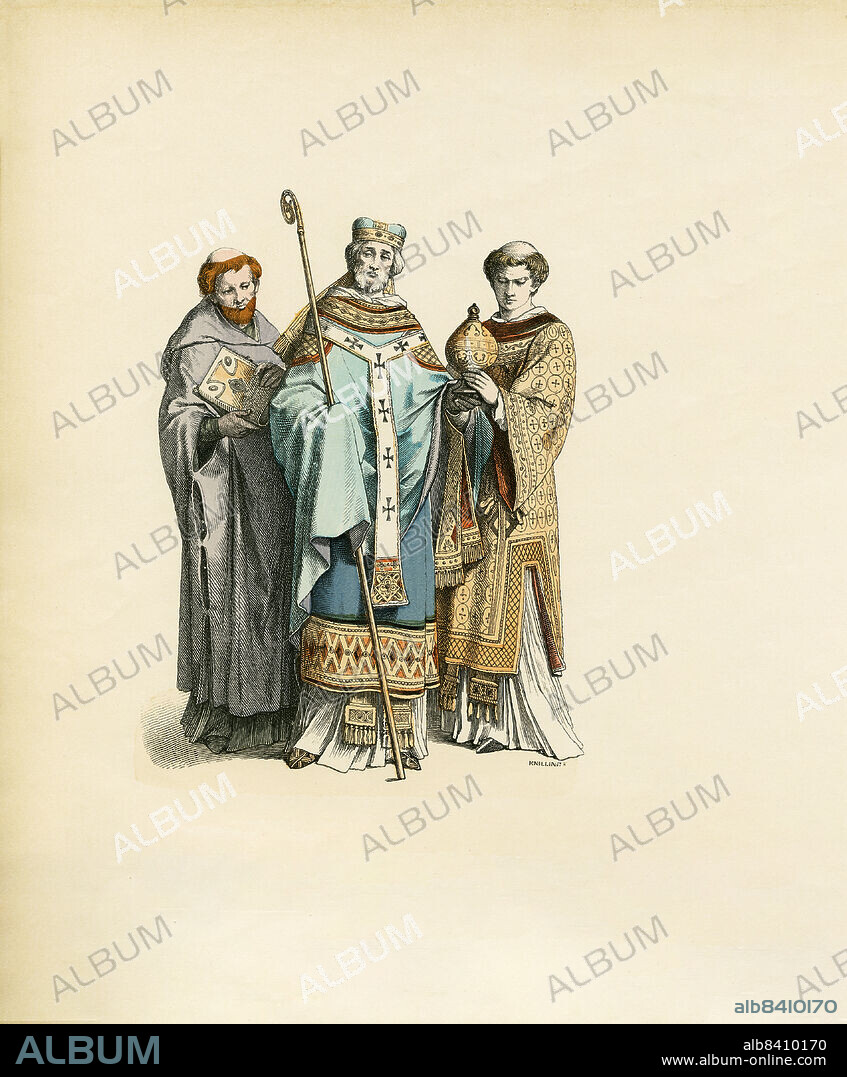 Monk, Bishop and Priest, 11th Century, Illustration, The History of Costume, Braun & Schneider, Munich, Germany, 1861-1880.