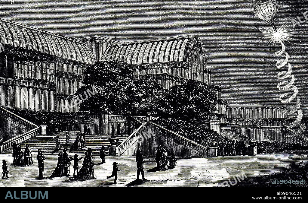 19th-century illustration showing magnesium rockets used to launch a toy balloon at Crystal Palace London 1868.