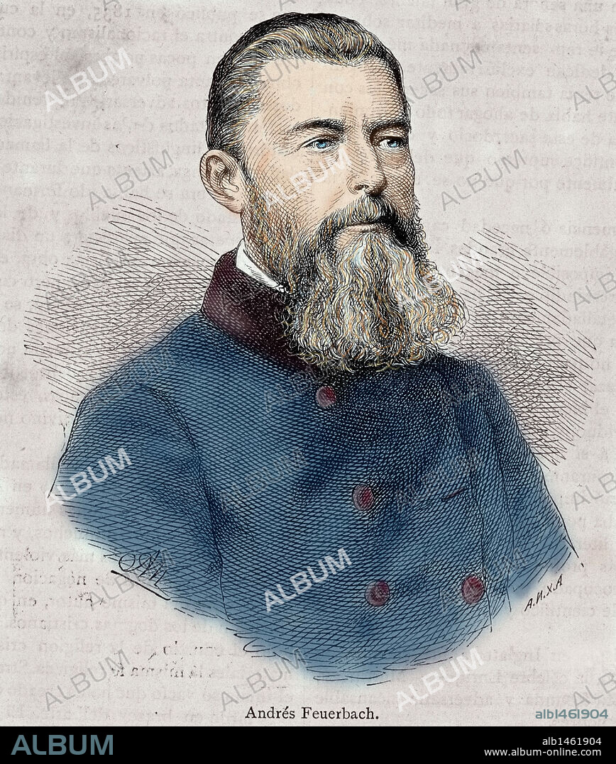 ADOLF NEUMANN. FEUERBACH, Ludwig (Landshut,1804-Rechenberg,1872) Filósofo alemán que partiendo de hegelianismo acabó en el materialismo. En su obra "Esencia del cristianismo" (1841), analiza la alienación religiosa. Grabado de A. Newmann. Coloreado.