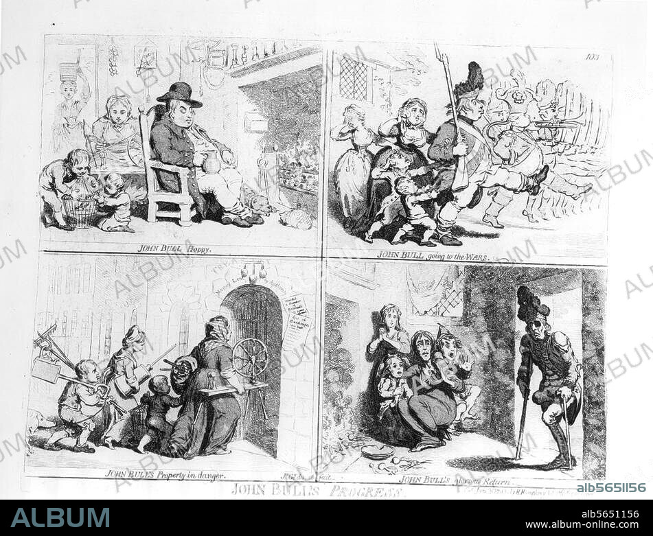 Great Britain / French Revolution Wars /. 1st Coalition War 1792/93-1997. "John Bull's Progress". (Caricature of the English Expedition to Flanders 1793 and it's consequences for the soldiers and their families.). Etching by James Gillray (1757-1815), London, 3 June 1793; 30.4 × 37.7cm.