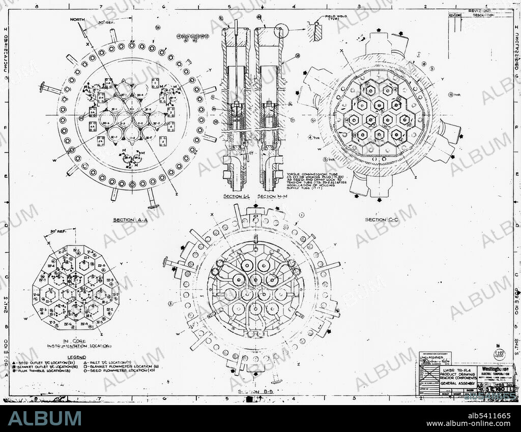 Technical diagram of the LWBR (light-water breeder reactor) components at Shippingport Atomic Power Station, Pennsylvania, c. 1970. Shippingport was the first full-scale nuclear electric power plant in the world. It operated between 1957 and 1982. The site is located on the Ohio River, 25 miles Northwest of Pittsburgh, Shippingport, Beaver County, PA.