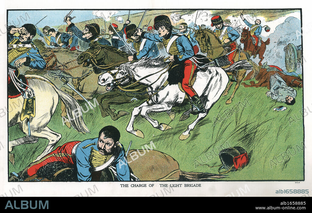 Crimean (Russo-Turkish) War 1853-1856. Charge of the Light Brigade at Balaclava, 15 October, 1854. Lord Raglan gave order for the disastrous British charge. Immortalised in Tennyson's poem. Early 20th century colour-printed lithograph.