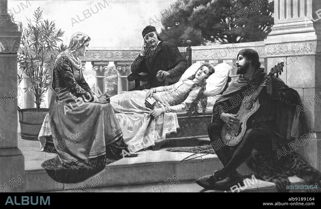 ''How Lisa Loved The King"; "Lisa, the only child of a rich merchant of Palermo, having fallen ill through love of King Pietro of Sicily, asks his favourite musician, to come and sing to her. After E Blair Leighton', 1890. From "The Graphic. An Illustrated Weekly Newspaper", Volume 42. July to December, 1890.