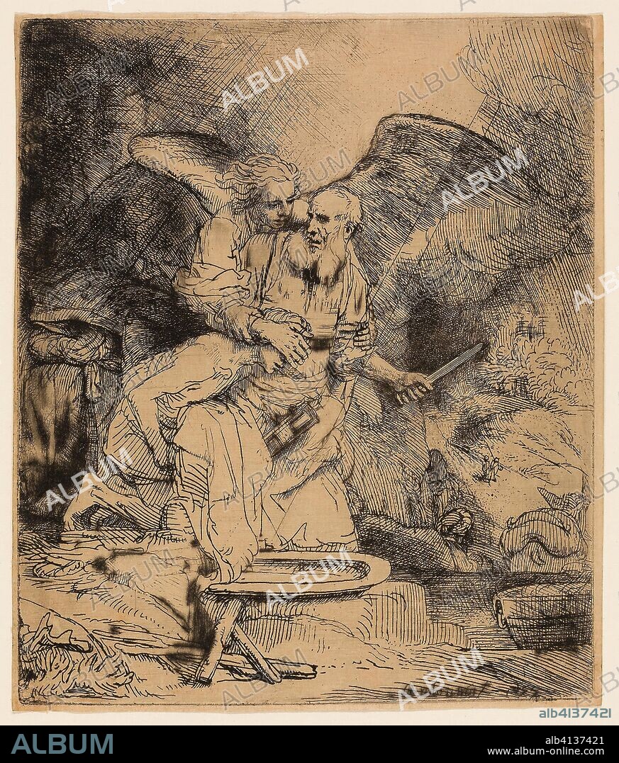 REMBRANDT HARMENSZOON VAN RIJN. Abraham's Sacrifice. Rembrandt van Rijn; Dutch, 1606-1669. Date: 1654-1655. Dimensions: 156 x 131 mm (image/plate); 158 x 135 mm (sheet). Etching and drypoint on ivory Japanese paper. Origin: Holland.
