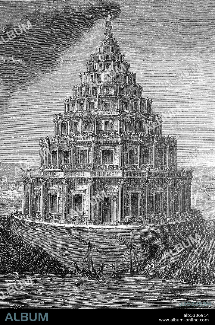 Lighthouse of Alexandria, according to tradition the first lighthouse ever, Pharos Island, Pharos of Alexandria, Wonder of the World  /  Leuchtturm von Alexandria, nach der Überlieferung der erste Leuchtturm überhaupt, Insel Pharos, Pharos von Alexandria, Weltwunder, Historisch, historical, digital improved reproduction of an original from the 19th century / digitale Reproduktion einer Originalvorlage aus dem 19. Jahrhundert,.