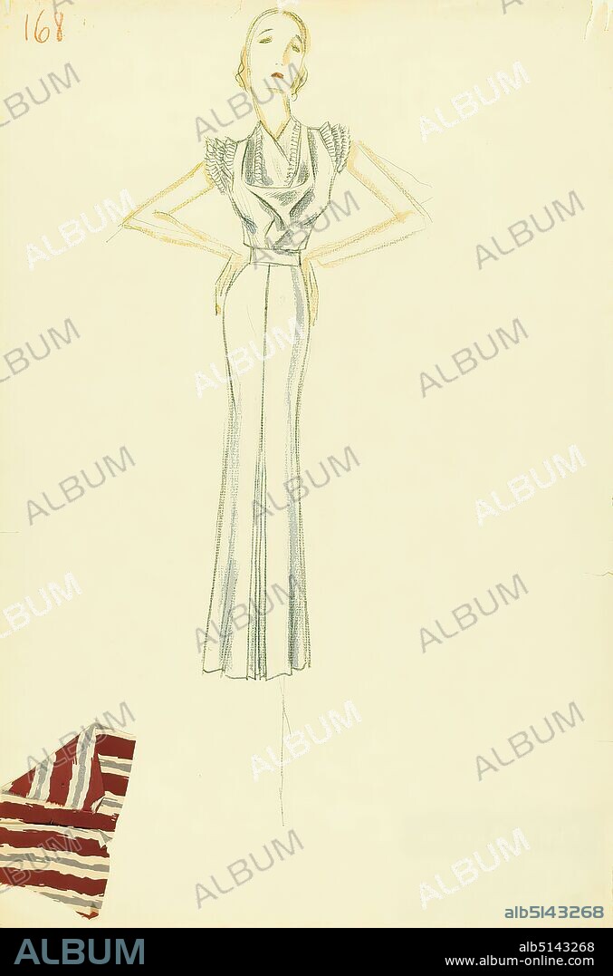 Ernst Dryden, Design for a women's dress with attached fabric sample, paper, non-opaque watercolor, pencil, watercolor, drawing, watercolor over pencil, Total: height: 48,4 cm; width: 31,8 cm, numbered: recto top left: 168, drawing, graphics, illustrations, fashion, clothing, women's fashion, dress.