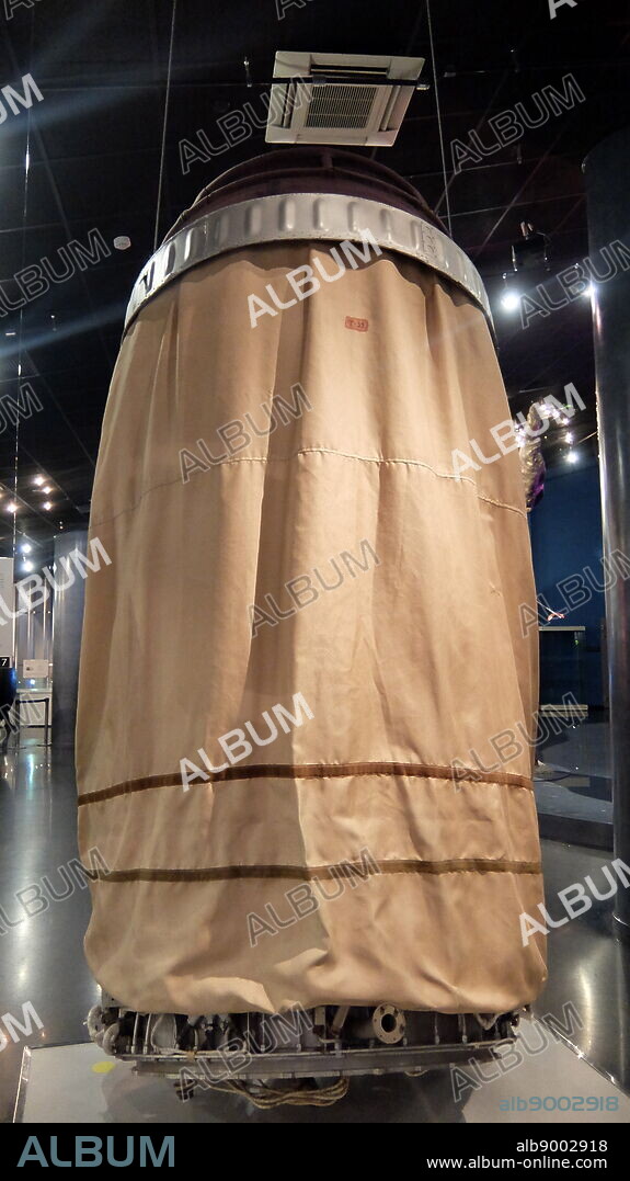 Inflatable airlock from Voskhod 2, a Soviet manned space mission in March 1965. The Vostok-based Voskhod 3KD spacecraft with two crew members on board, Pavel Belyayev and Alexei Leonov, was equipped with an inflatable airlock. It established another milestone in space exploration when Alexei Leonov became the first person to leave the spacecraft in a specialized spacesuit to conduct a 12-minute "spacewalk".