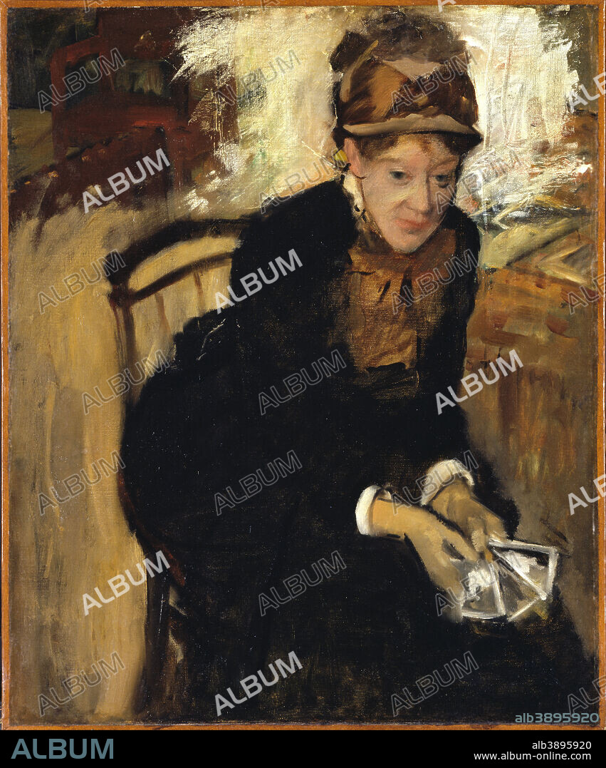 EDGAR DEGAS. Mary Cassatt. Date/Period: Ca. 1880-1884. Painting. Oil on canvas. Height: 733 mm (28.85 in); Width: 600 mm (23.62 in).
