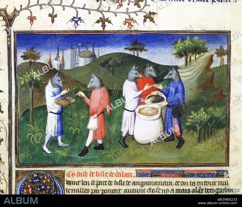 Dog-headed men, late 13th century, (early 15th century). Mythical dog-headed men from the Isle of Agaman, Gulf of Bengal. Marco Polo (1254-1324) Venetian traveller and merchant, left Venice with his father and uncle in 1271. Seventeen years later he returned with tales of his experiences, particularly at the court and in the service of Kublai Khan (1214-1294), Great Khan of the Moguls and Emperor of China. Some aspects of his account, such as the dog-headed men, were less reliable than others. Miniature from "Le Livre des Merveilles de Marco Polo" ("Book of Marvels of Marco Polo"), illuminated manuscript in the Bibliotheque Nationale, Paris.