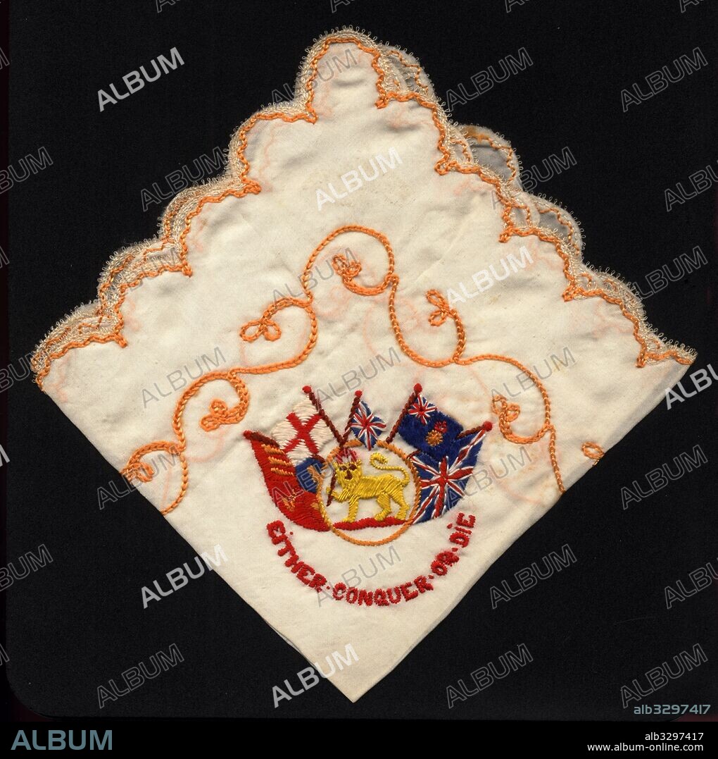 Either Conquer or Die and the flags of the allies embroidered on a silk handkerchief.