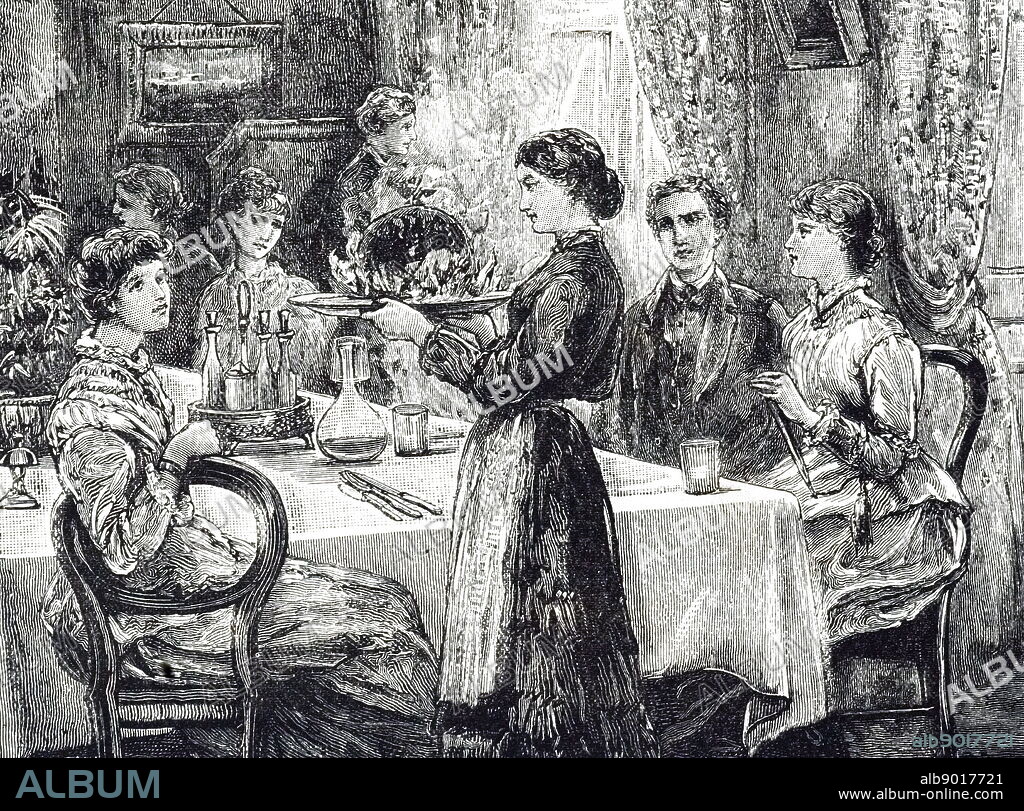 An engraving depicting the maid bringing in the Christmas pudding. Illustrated by Davidson Knowles (1852-1901) a British landscape painter. Dated 19th century.
