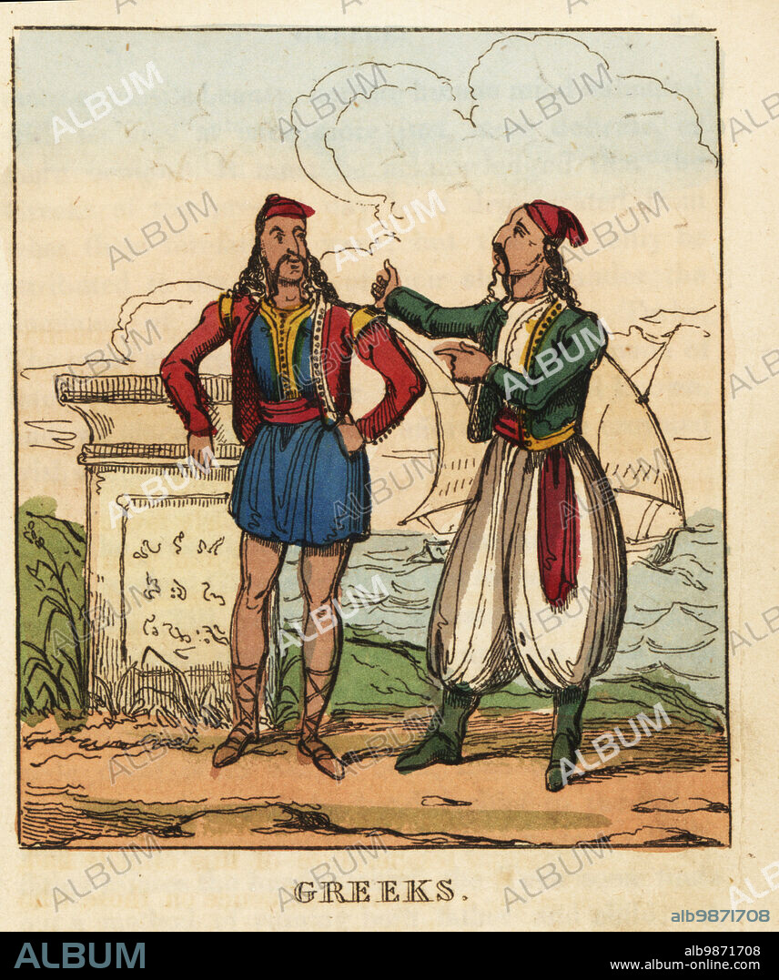 Costumes of Greek men under the Ottoman Empire, early 19th century. One in cap, embroidered vest, sash belt, foustanela or kilt and sandals, the other in harem pants and boots. Handcoloured copperplate engraving from The World in Miniature, or Panorama of the Costumes, Manners & Customs of All Nations, John Bysh, London, 1825.