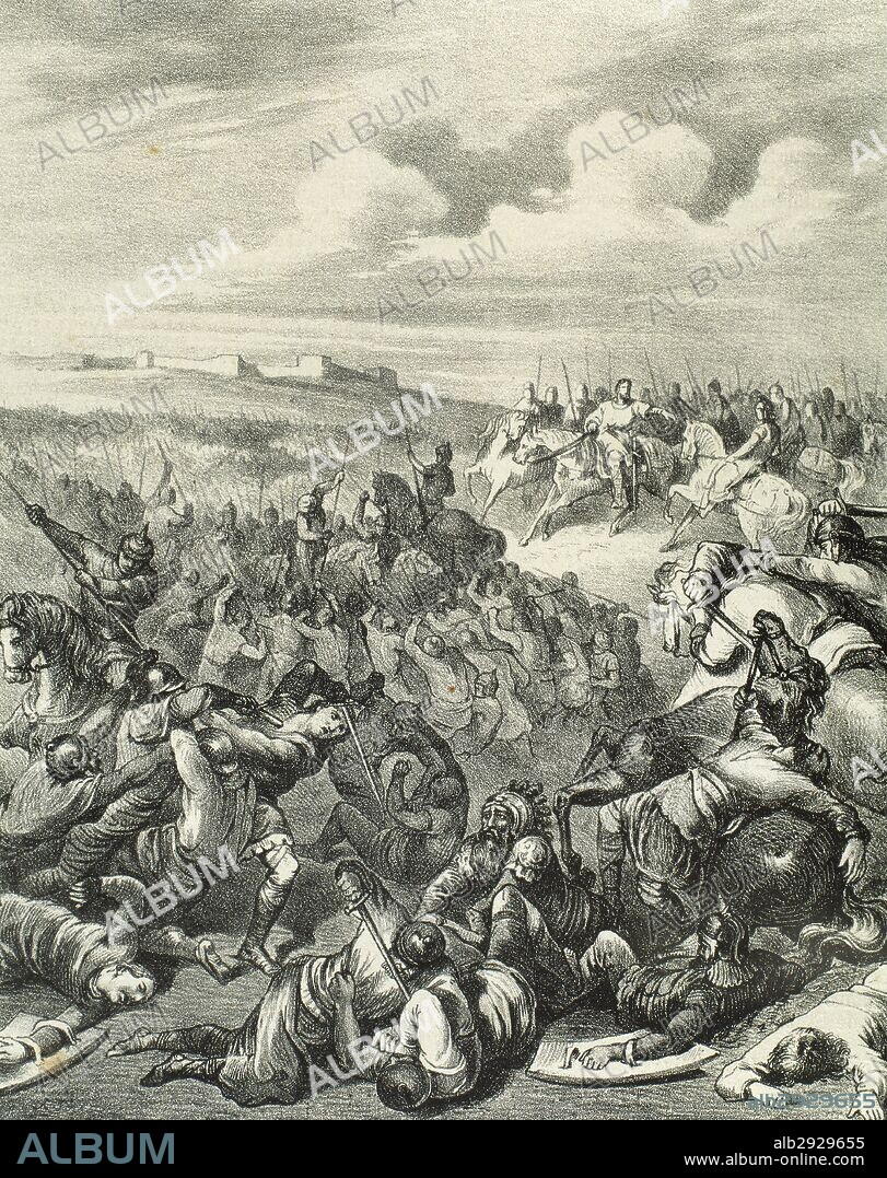 ATILA (h.385-453). Jefe de los hunos (434-453), invadió y asoló los imperios romanos de Oriente y Occidente. "BATALLA DE LOS GODOS, FRANCOS Y ROMANOS CONTRA ATILA". Grabado de "Historia de España Ilustrada", del siiglo XIX.