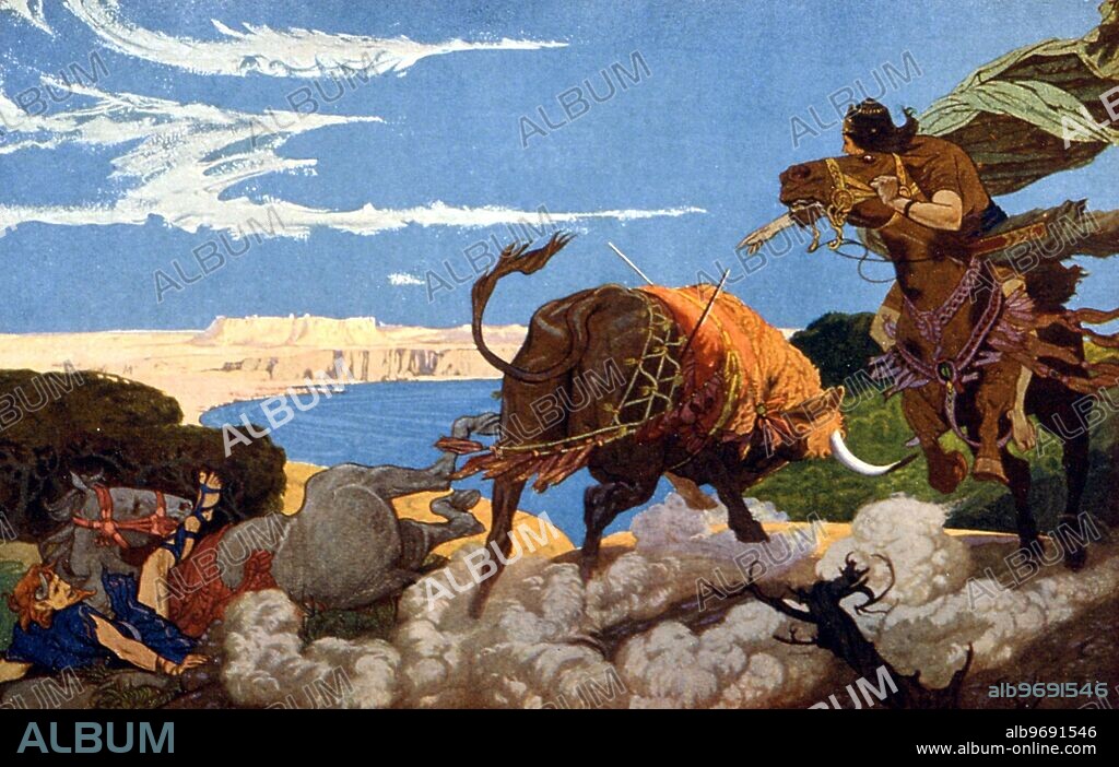 BABYLONIAN MYTHOLOGY. 'The Slaying of the Bull of Ishtar' after the painting by E Wallcousins. From the 1920 edition of 'Myths of Babylonia and Assyria', by Mackenzie.