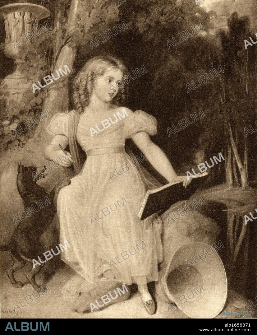 Princess Alexandrina Victoria of Saxe-Coburg, future Queen Victoria, 1819-1901. Princess Victoria and Dashy, from Richard Westall's painting, from the book "The Girlhood of Queen Victoria"1832-1840. Published in London 1912.